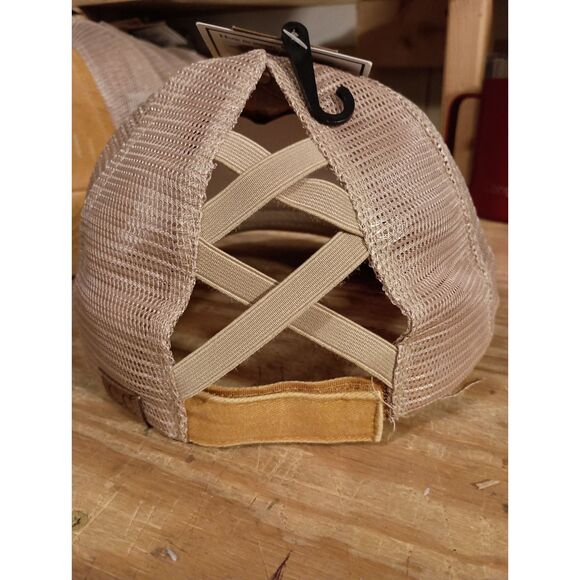 Distressed Denim Criss Cross High Pony CC Ball Cap MUSTARD, Ponytail Hat - Picture 2 of 2